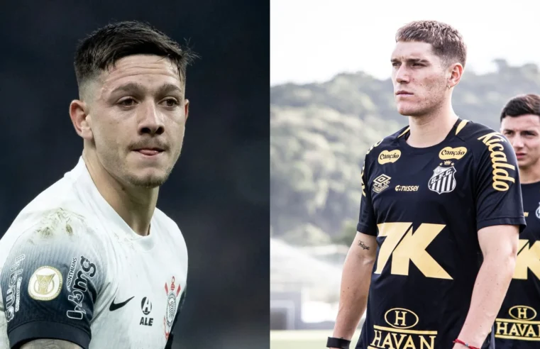 Sormani crava Rollheiser, do Santos, acima de Garro, do Corinthians